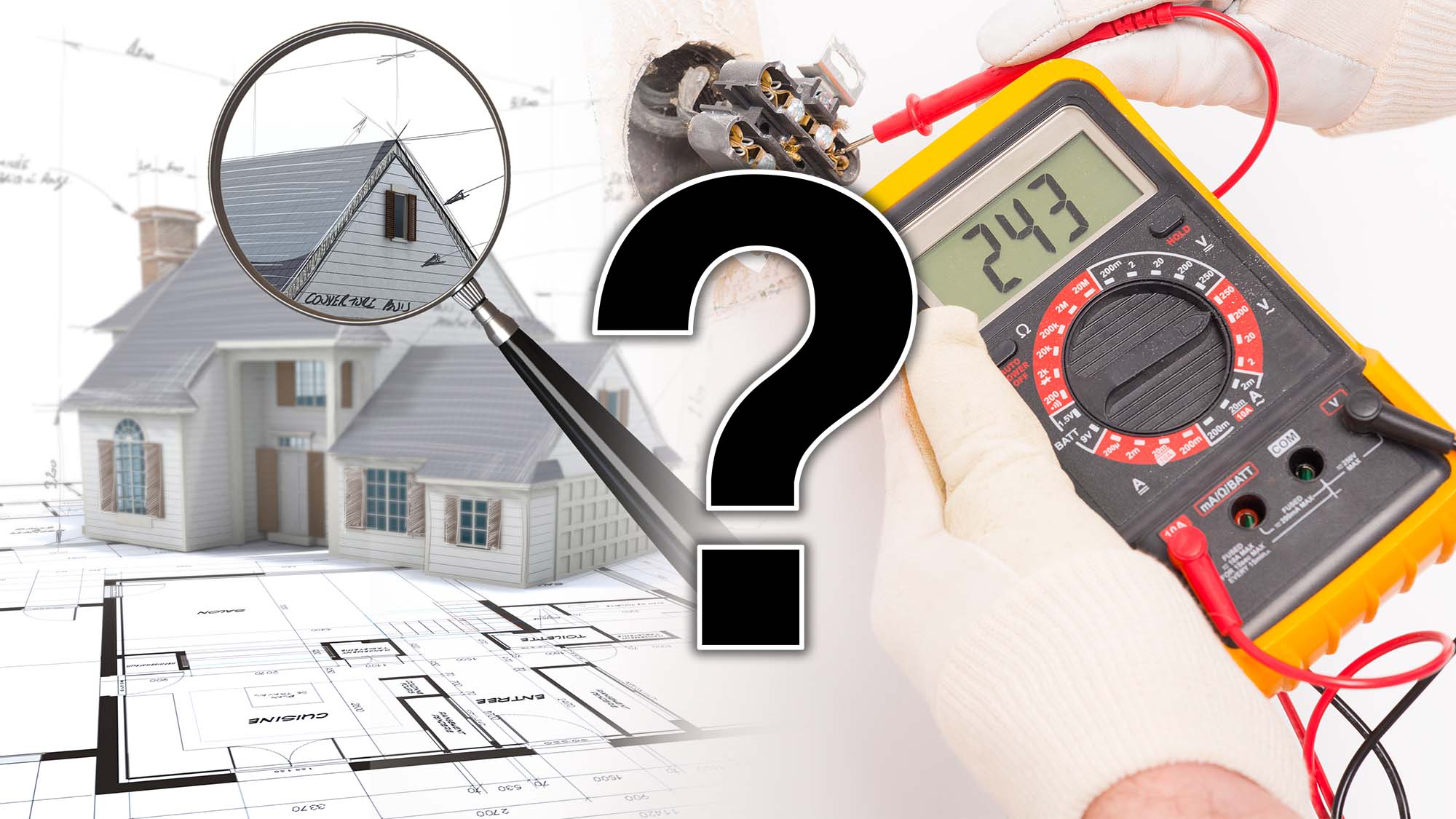 Ett frågetecken monterat över en bild på en multimeter och en bild på Ett förstoringsglas riktat mot ett tecknat hus som står på en ritning