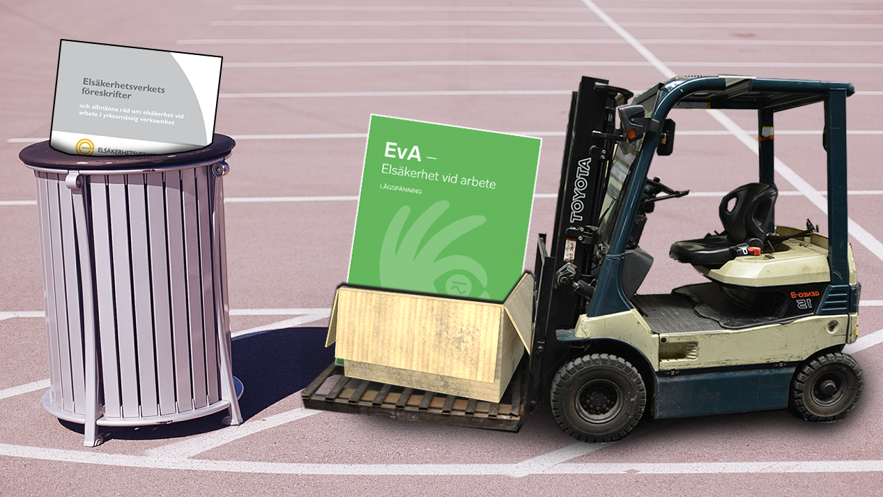 En soptunna med de gamla föreskrifterna i, invid en gaffeltruck som kommer körande med de nya.