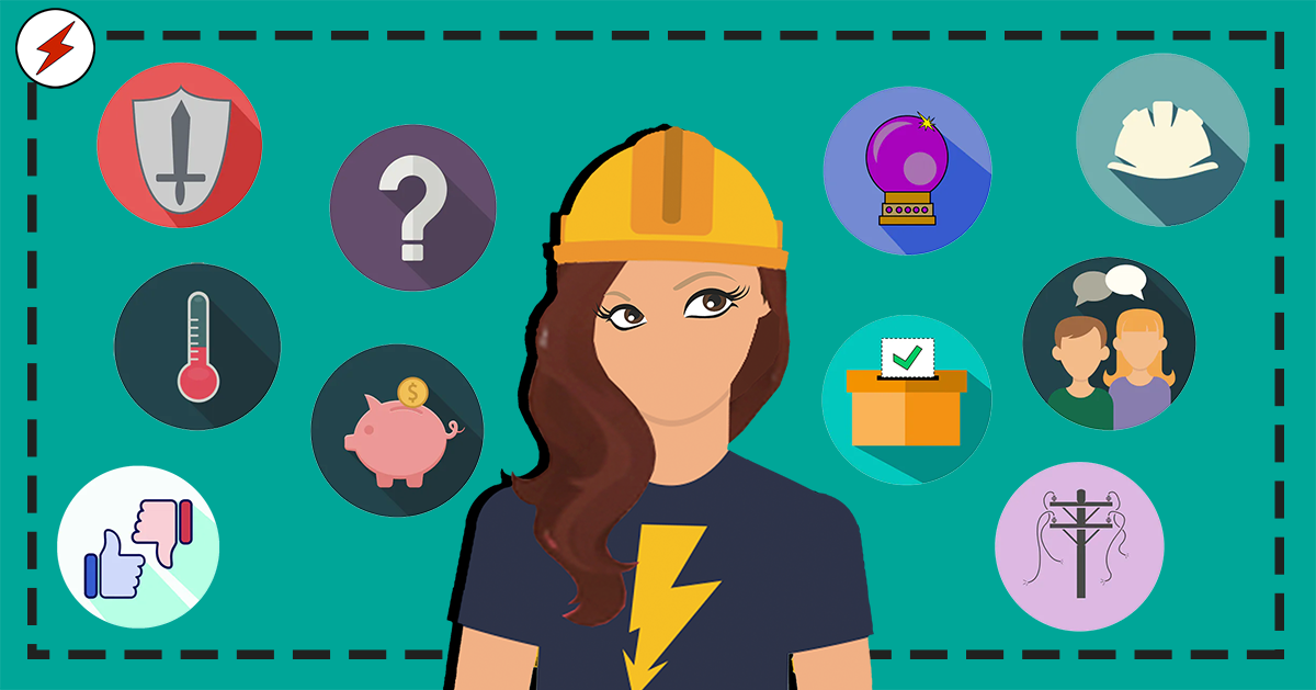 En tecknad elektriker bland en samling tecknade ikoner för politik, elnätet och ekonomi