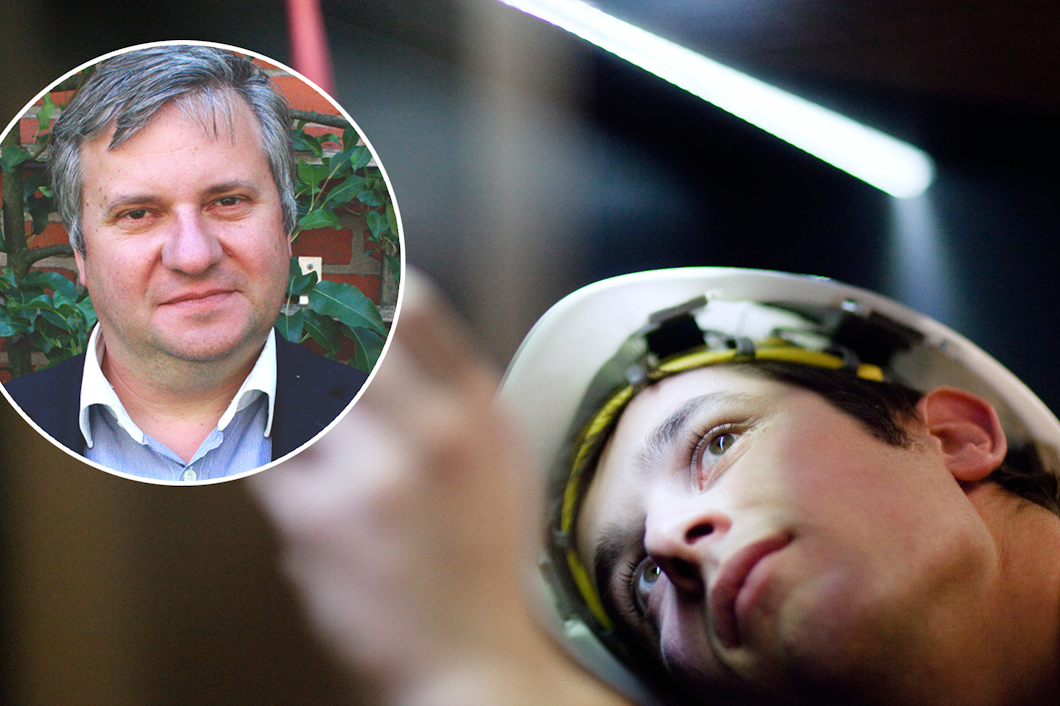En bild på Alexandru Panican monterad invid en bild på en ung person som jobbar med el