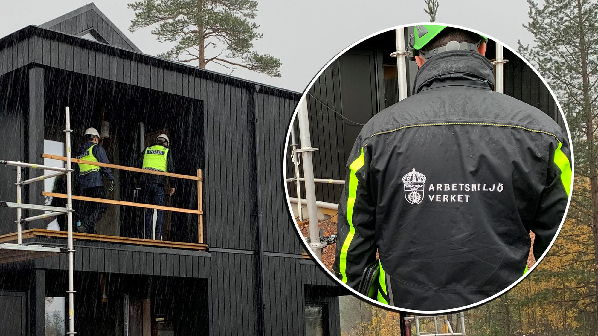 En bild på en person i Arbetsmiljöverkets jacka, monterad över en bild på två poliser på ett bygge