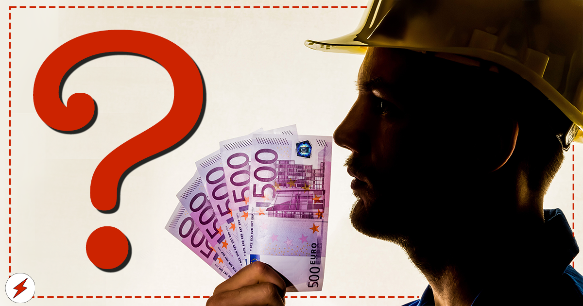 En person i gul bygghjälp håller i ett antal sedlar, invid ett rött frågetecken.