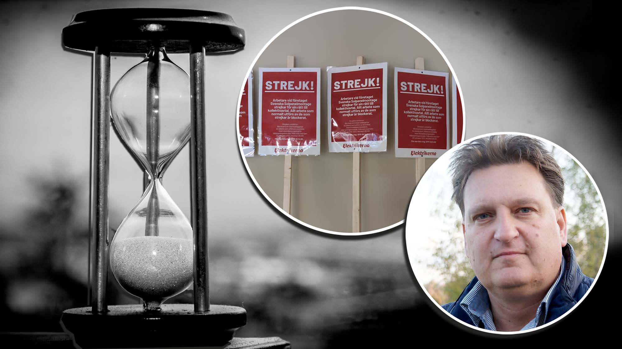 En bild på Anders Eriksson monterad över bilder på ett timglas och strejkskyltar.