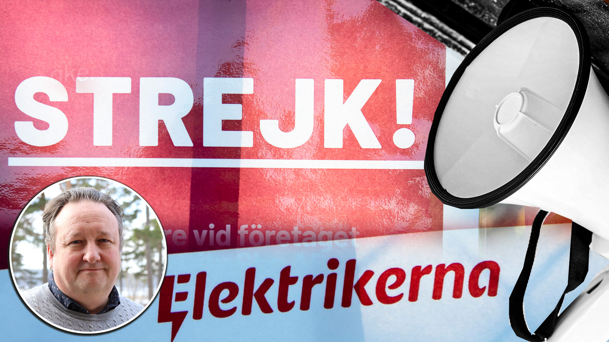 En skylt som det står strejk på, invid en megafon och en bild på Magnus Kindmark.