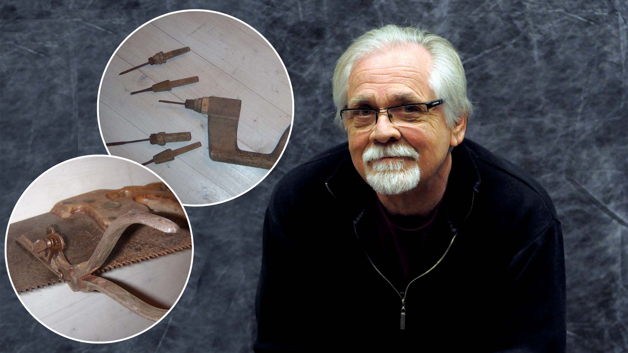 En bild på Bernt-Olov Andersson, invid bilder på en svängborr och en skränktång.