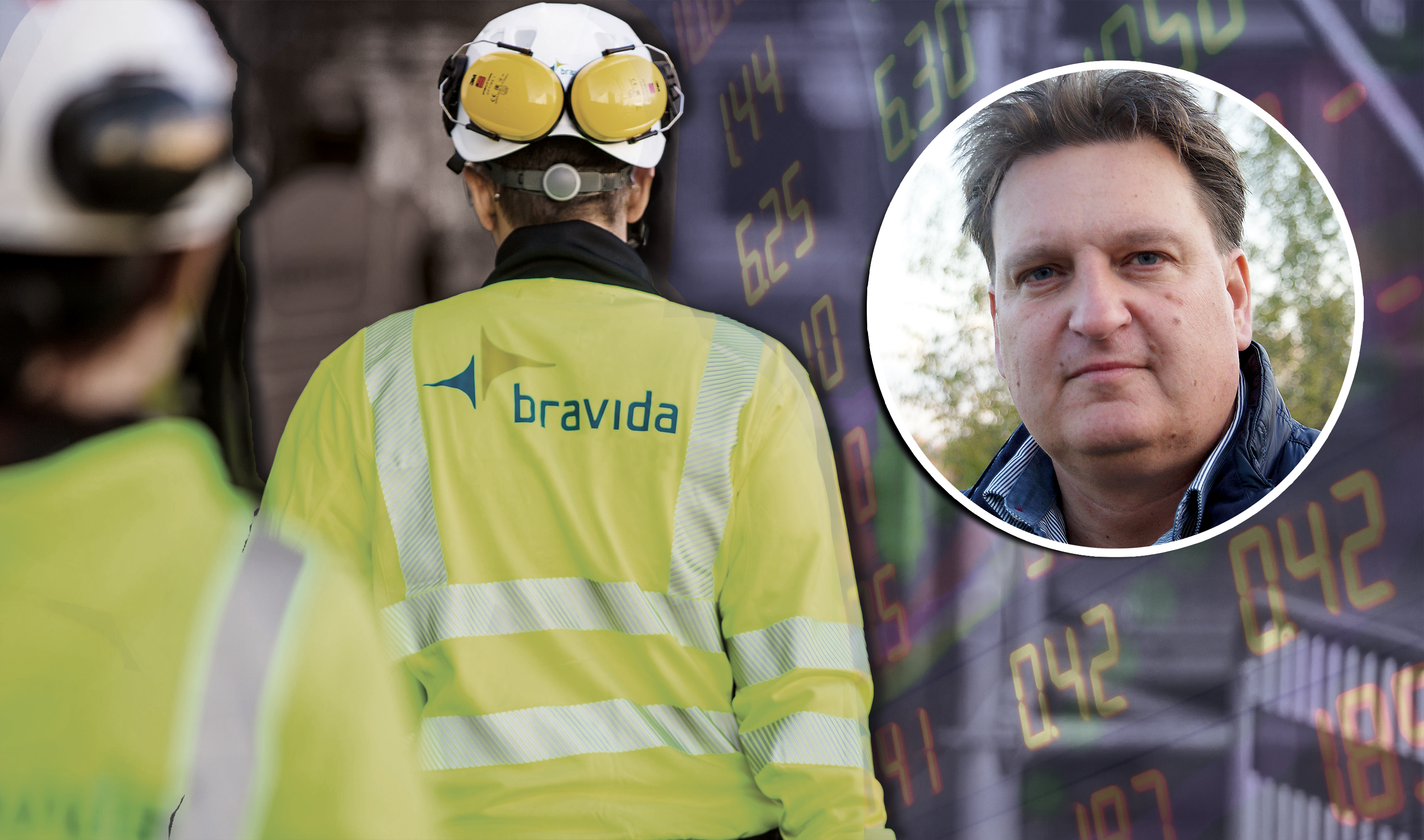 En bild på Anders Eriksson monterad invid en bild på två arbetare i Bravida-jackor, och en bild på en skärm som visar aktiekurser i grönt och rött.