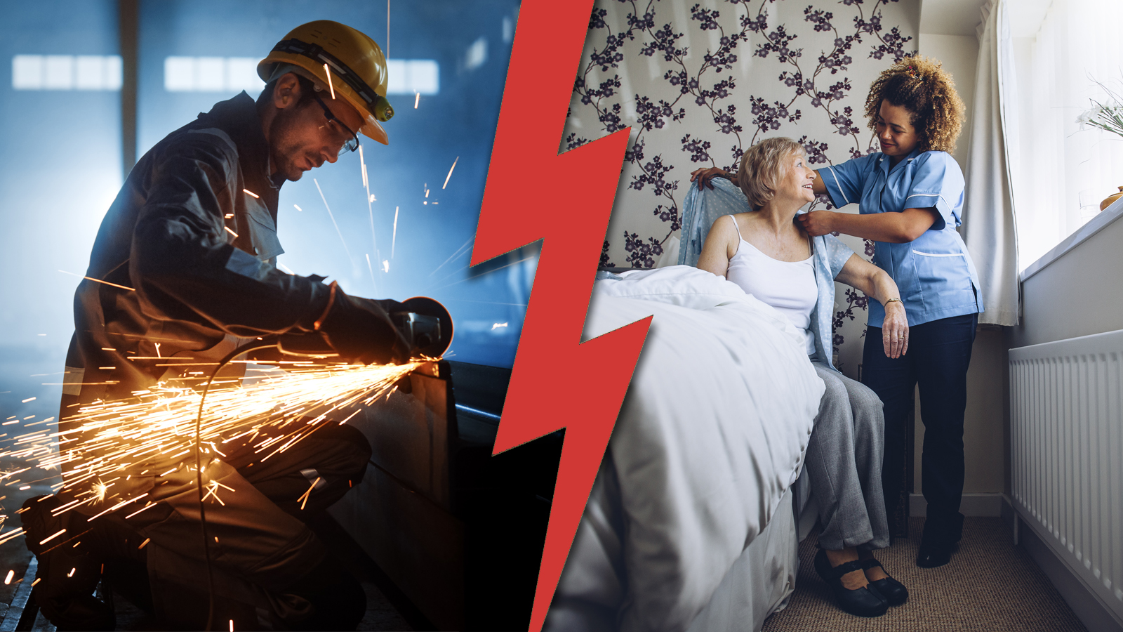 Industriarbetare och undersköterska (genrebild).