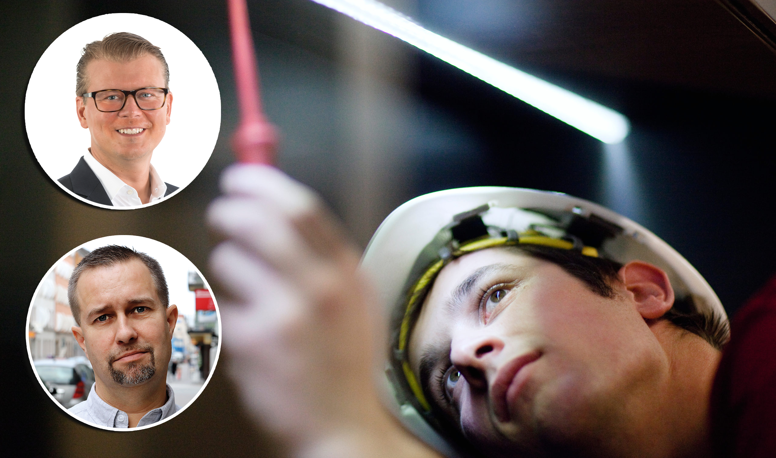 Bilder på Tomas Jansson och Emil Stam monterade över en bild på en ung person i skyddshjälm mäter spänning med ett verktyg.