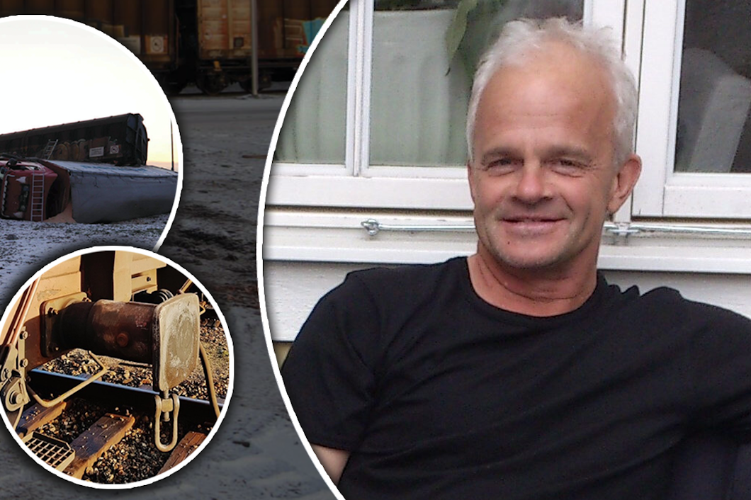 En bild på Nisse invid bilder på tågolyckan och hur fotsteget på tåget såg ut när olyckan inträffade.