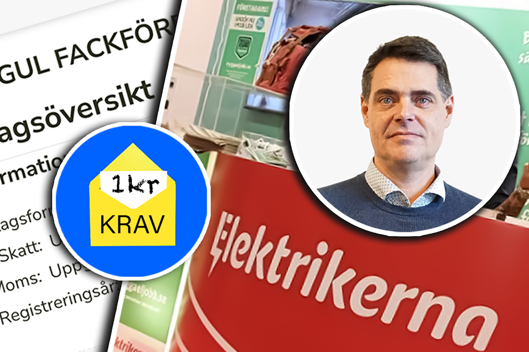 En skärmdum på bolagsinformation om Blå-gul fackförening, monterad invid en bild på Elektrikernas monter på Elmässan och en bild på Mikael Pettersson. Över montaget är ett gult, tecknat kuvert mot en blå bakgrund monterat, där det står: "1 krona krav".