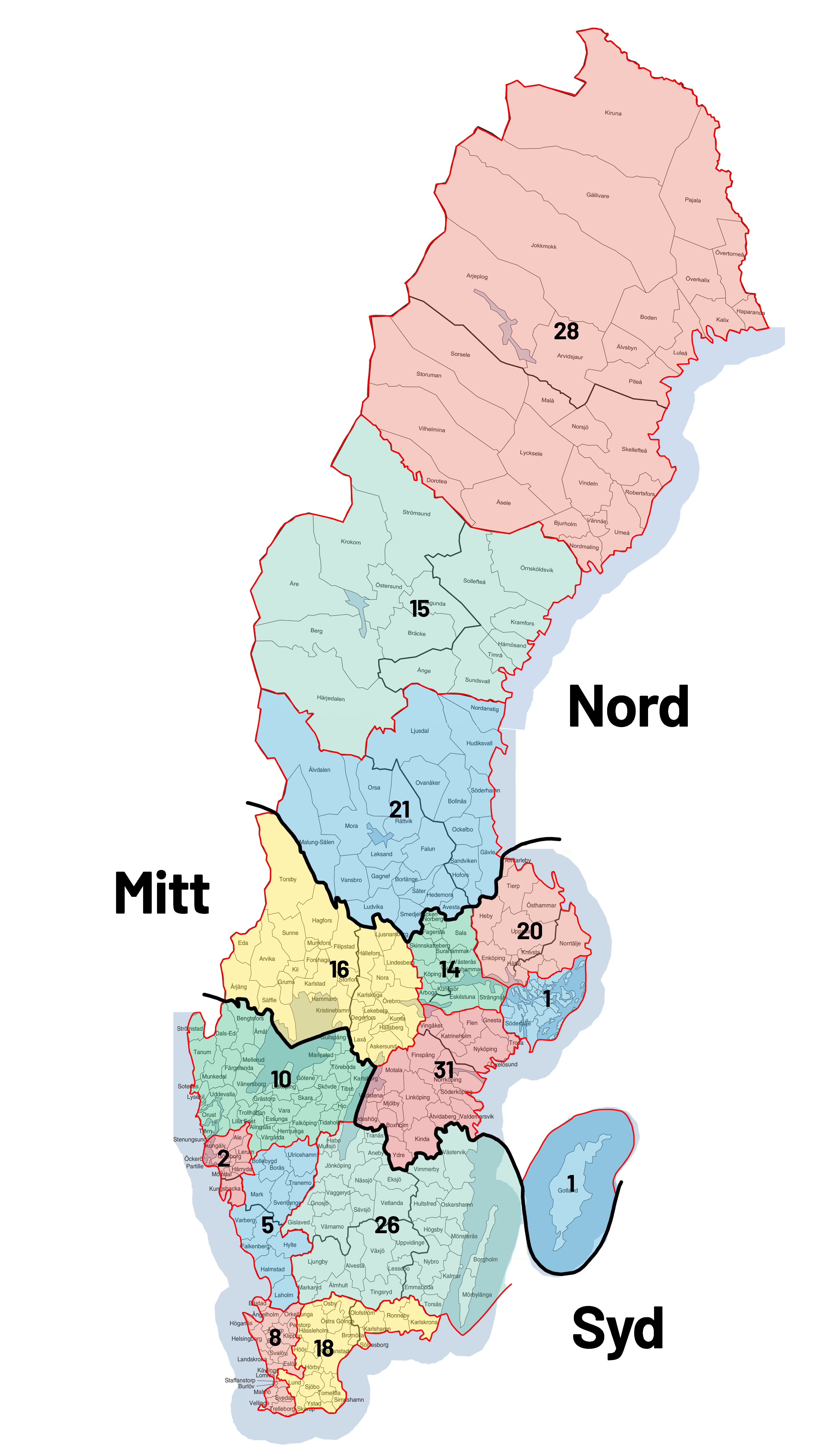 En sverigekarta uppdelad i Nord, Mitt och Syd
