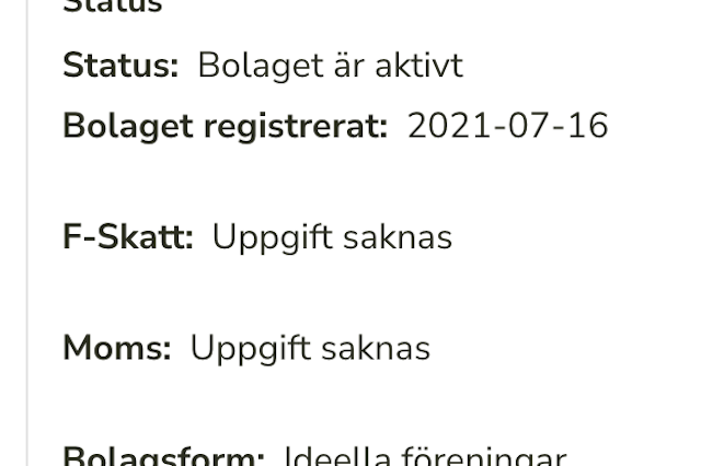En skärmdump från allabolag.se, som visar att Blå-gul fackförening registrerades 2021-07-16.