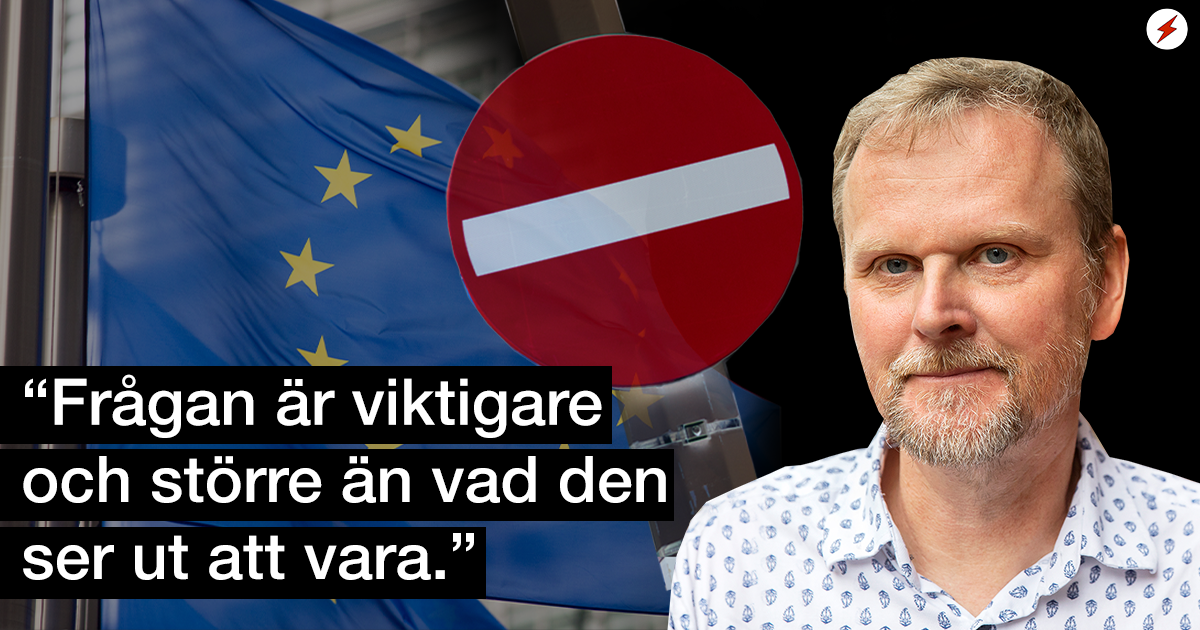 En bild på Urban Pettersson invid en bild på en EU-flagga och en stoppskylt, samt citatet: "Frågan är viktigare och större än vad den ser ut att vara."