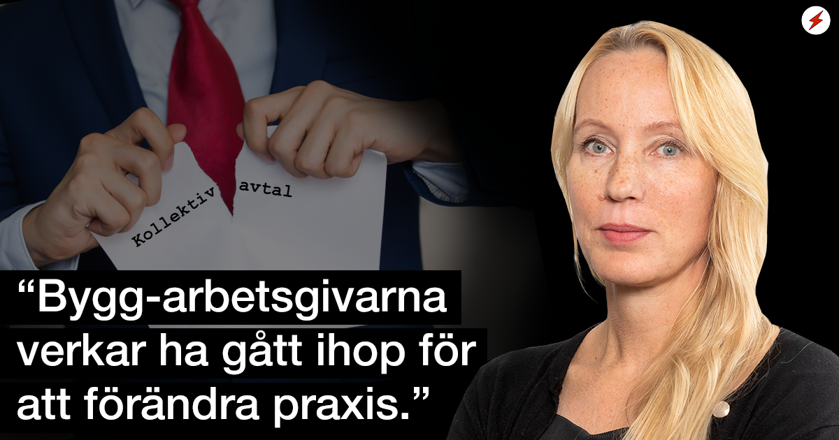 En bild på Anna Norling, invid en bild på en kostymklädd person som river sönder ett kollektivavtal, samt citatet: "Bygg-arbetsgivarna verkar ha gått ihop för att förändra praxis."