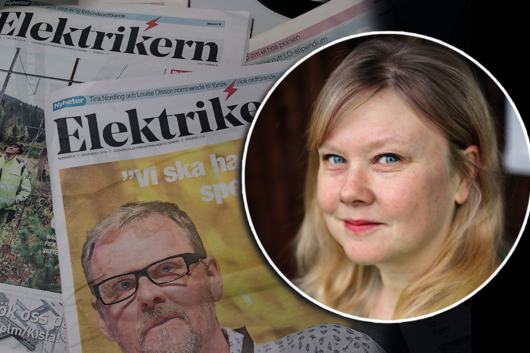 En bild på Lena Gunnars monterad över en samling nummer av tidningen Elektrikern