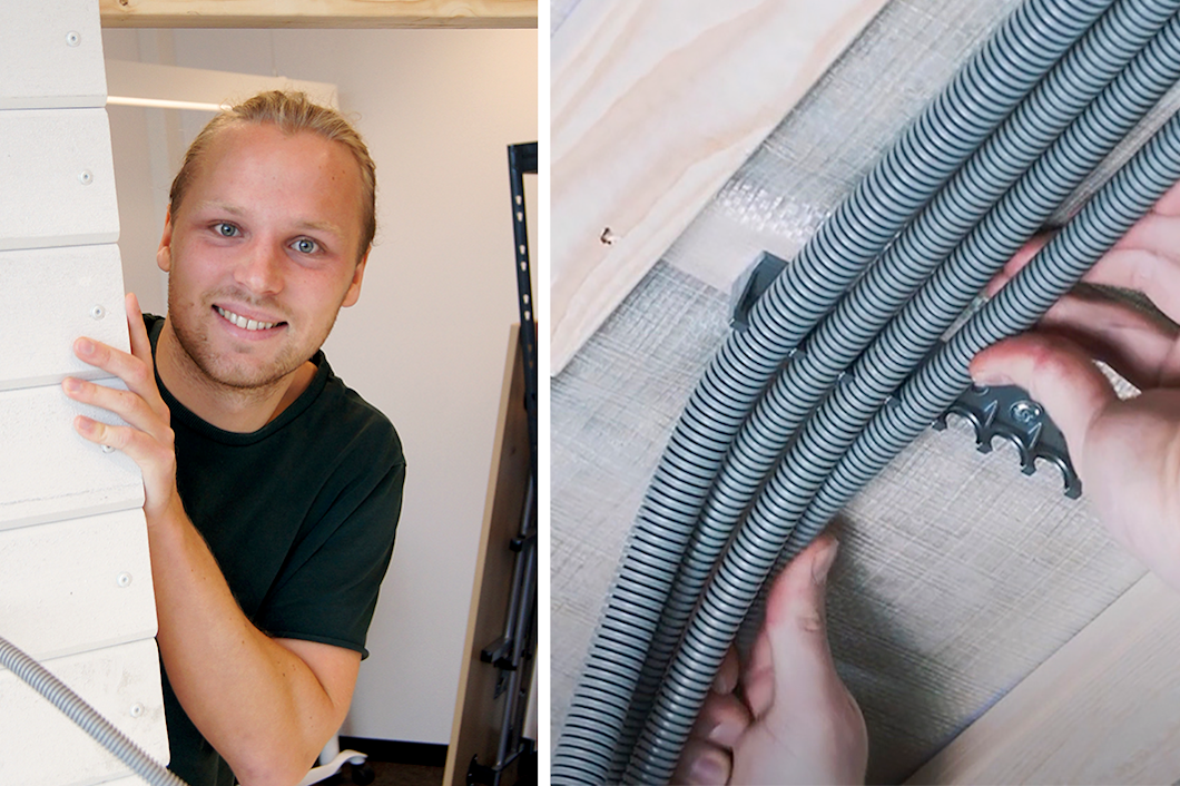 En bild på Svante Olsson monterad invid en bild på ett par händer som fäster rör med hjälp av den nya uppfinningen.