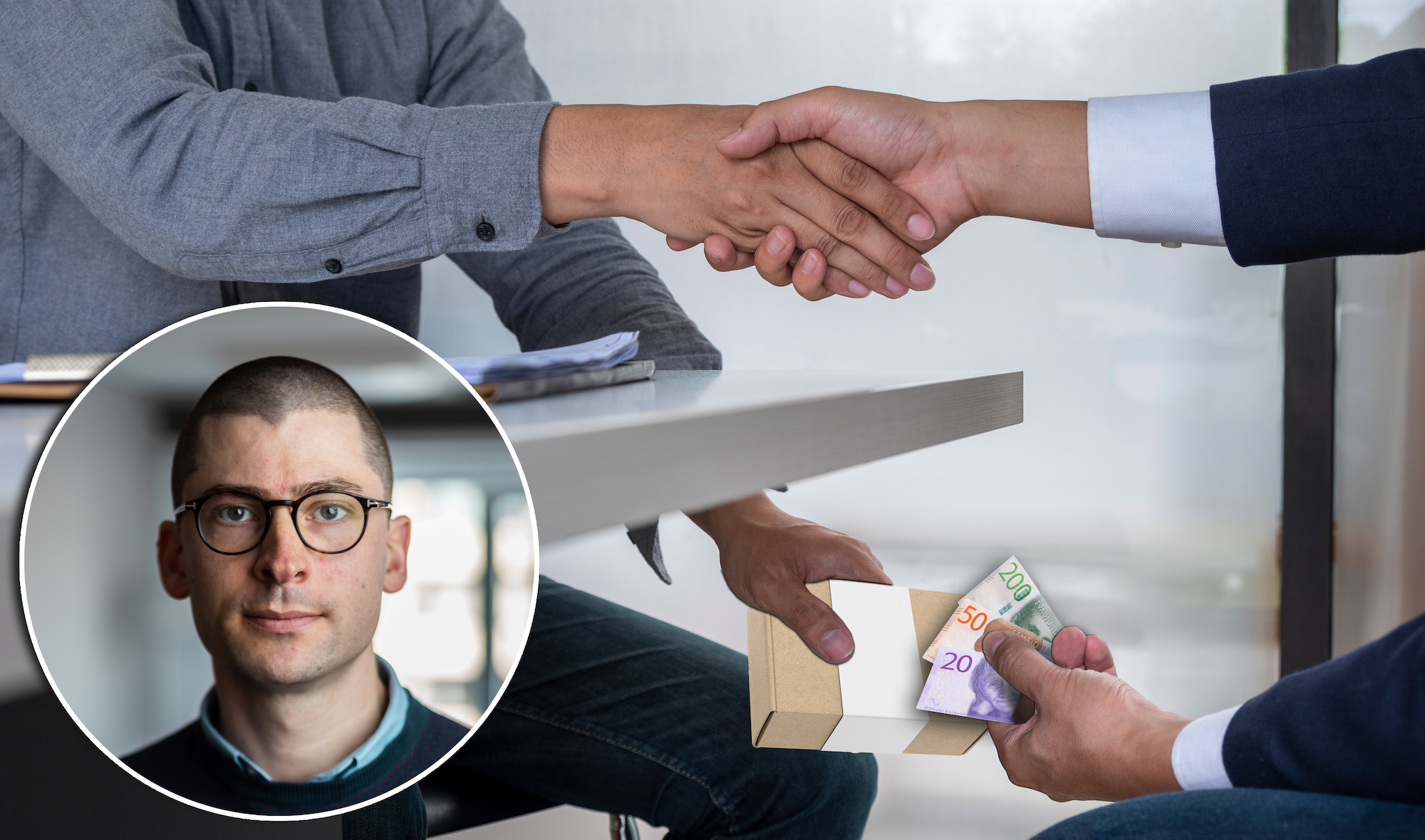 En bild på Max Brimberg monterad över en bild på två personer skakar hand samtidigt som pengar och en låda byter händer under bordet.