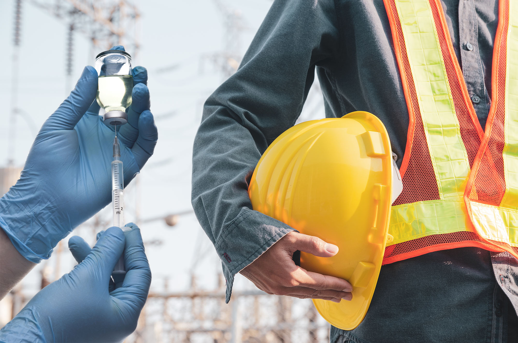 Vi ser en mans halva överkropp. Han är på sig en reflexväst och bär en gul hjälm under armen. I bakgrunden syns elektriska master lite suddigt. Inklippt bredvid honom ser vi två händer som håller i en spruta och en liten injektionsflaska.