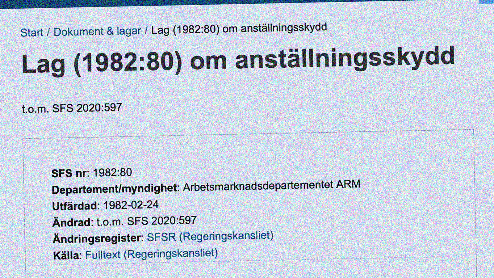 Lagen om anställningsskydd, las.