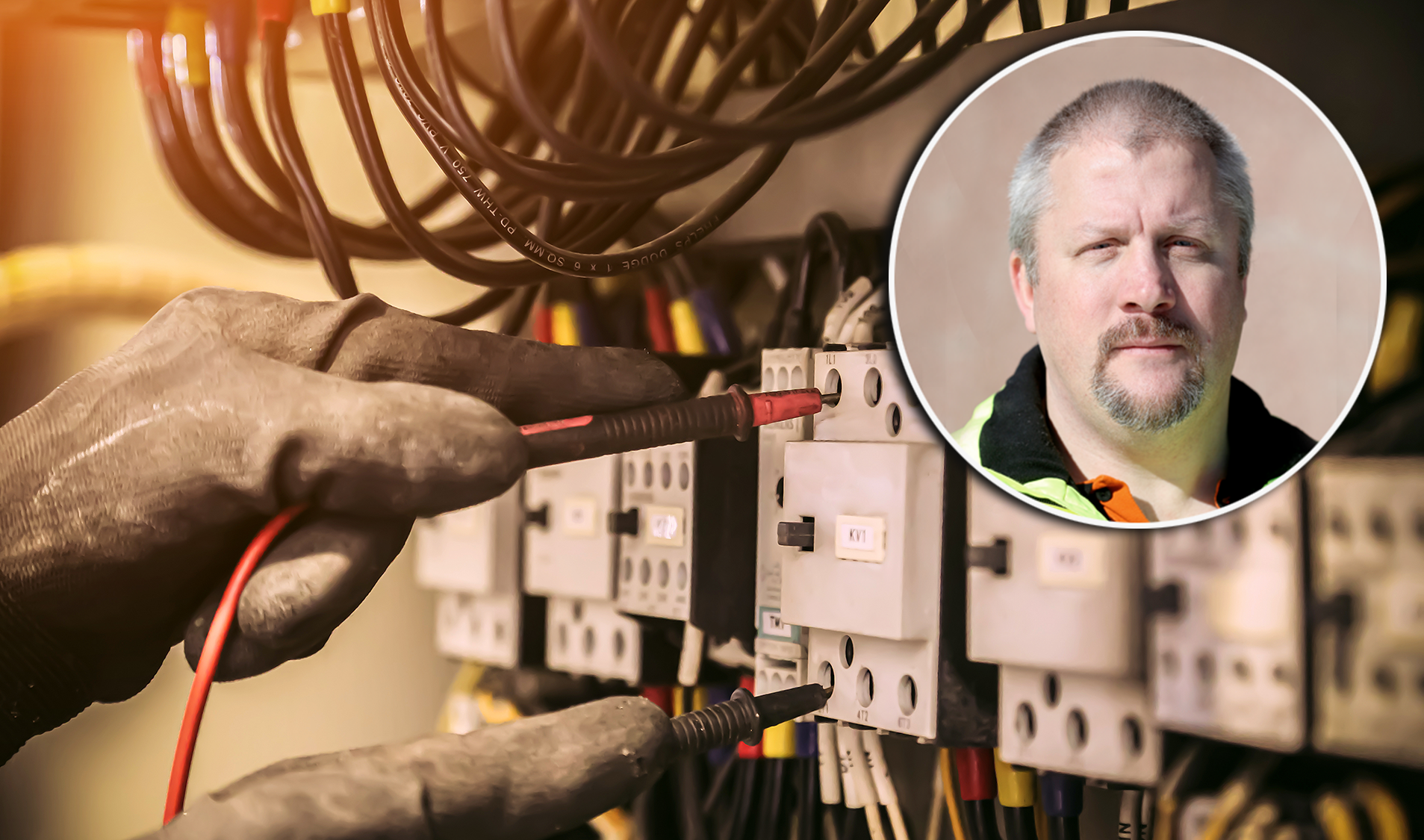 En bild på Sven Höckert monterad över en bild på två händer använder spänningsprovare på en elanläggning.