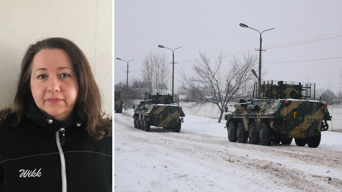 Montage. På vänstra sidan en porträttbild av Taisiia Mosissa, långt brunt hår och iförd arbetskläder. På vänstra sidor stridsvagnar som rullar på en snötäckt väg i Charkiv, Ukraina.