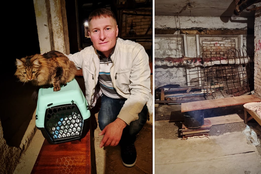 Volodymyr Karmanskyij tar med katten Max till det provisoriska skyddsrummet de gjort i källaren.