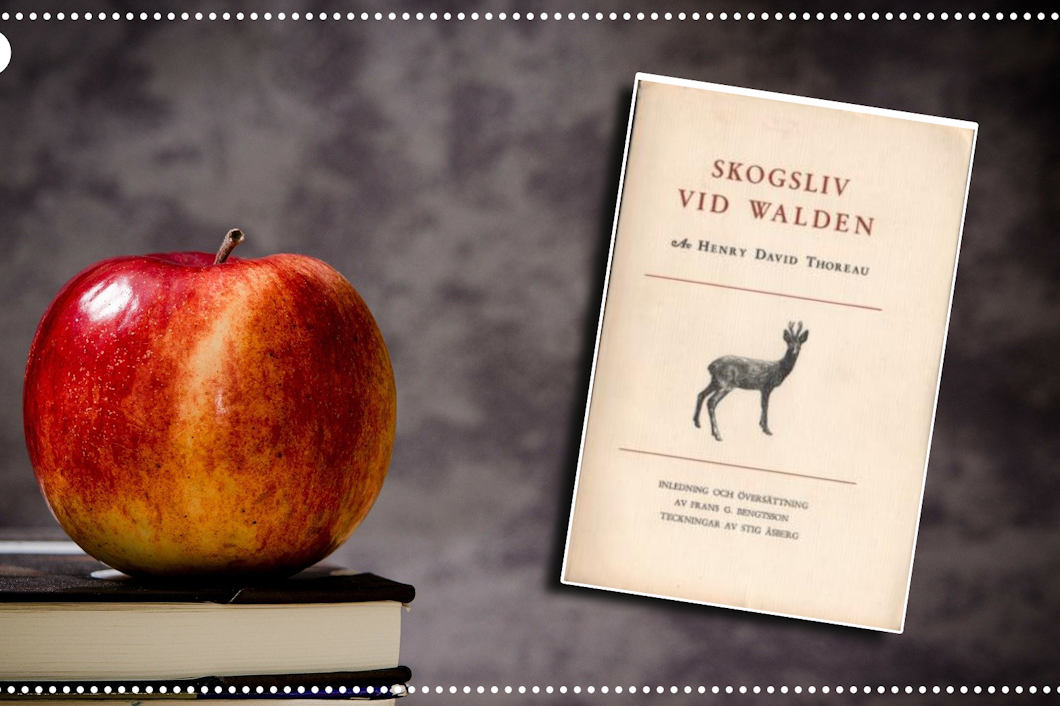 En bok och ett äpple invid omslaget till boken Skogsliv vid Walden, föreställande ett tecknat hjortdjur mot en beige bakgrund.
