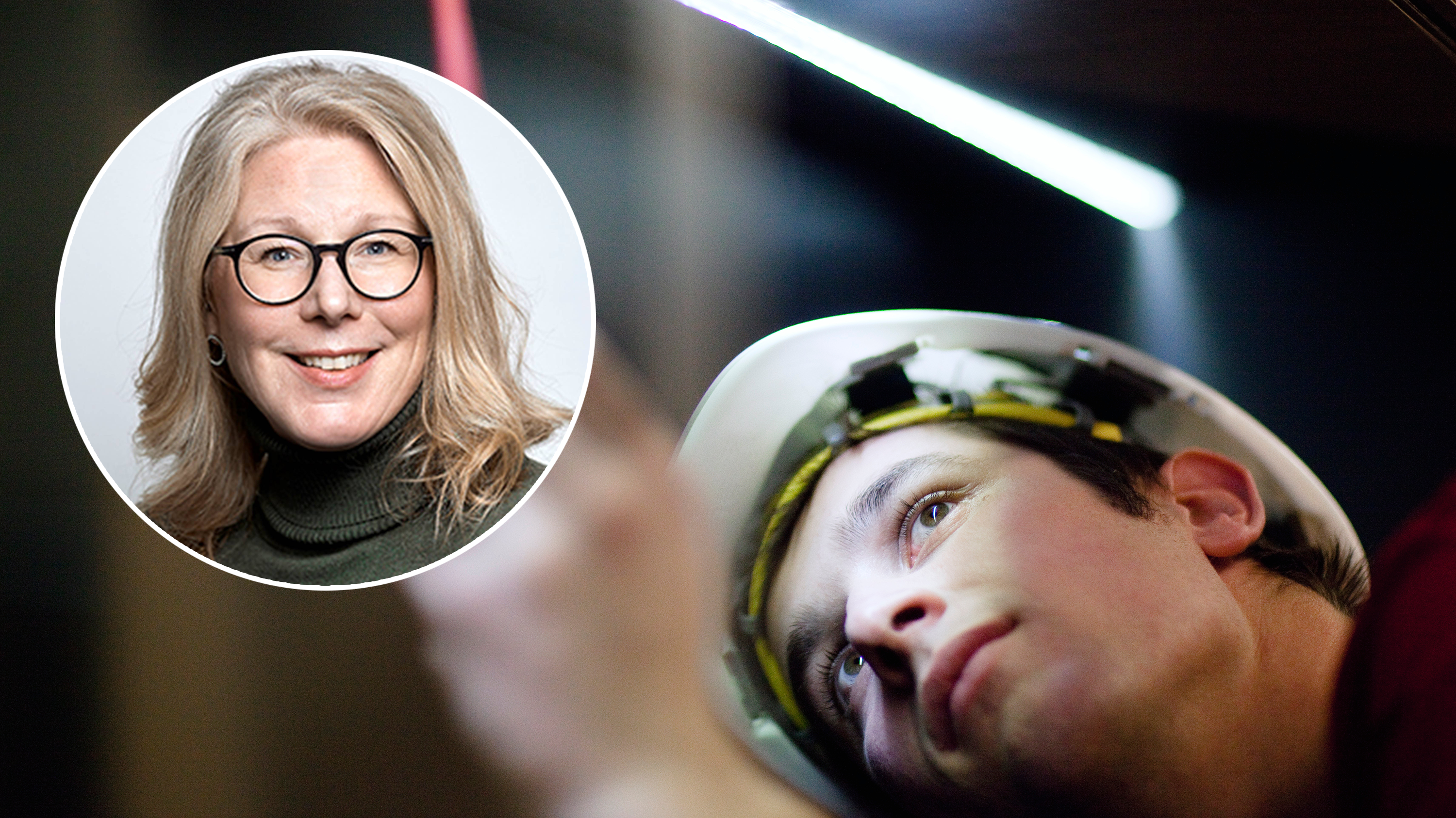 Åsa Gabrielsson invid en bild på en ung elektriker som arbetar.