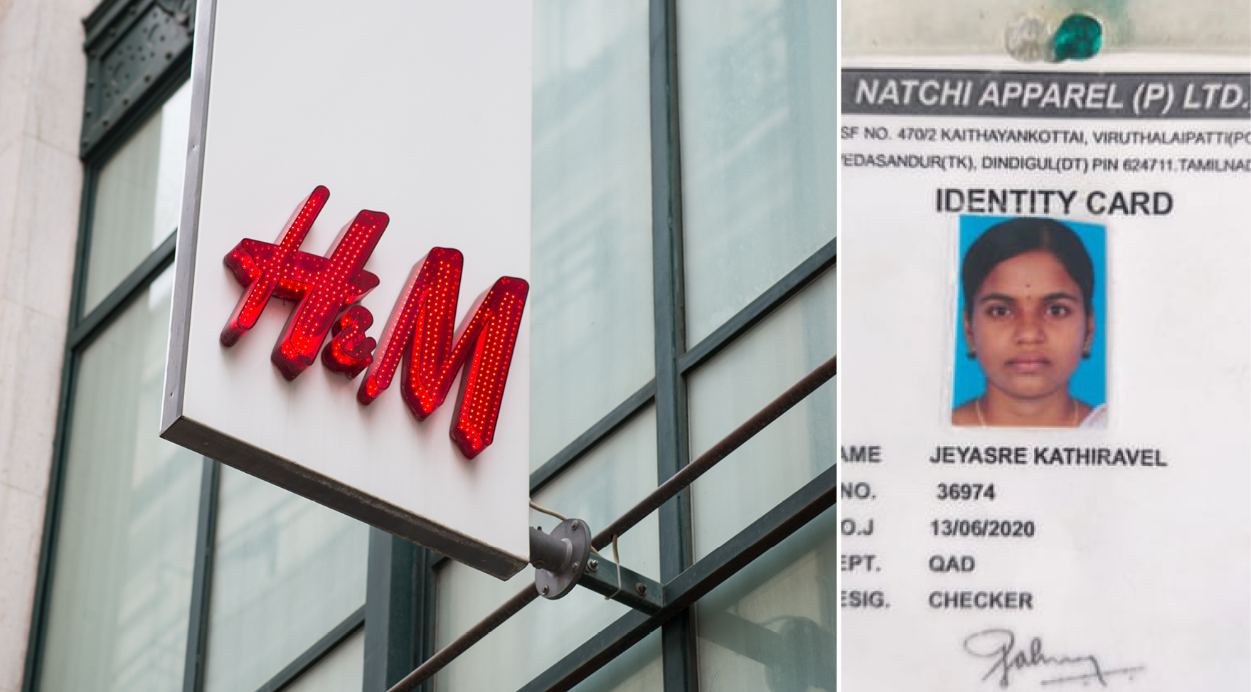 Montage: Till vänster H&M:s röda logga på en skylt som hänger ut från en fasad, till höger bild på Jeyasre Kathiravels passerkort till textilfabriken, med hennes porträtt på.
