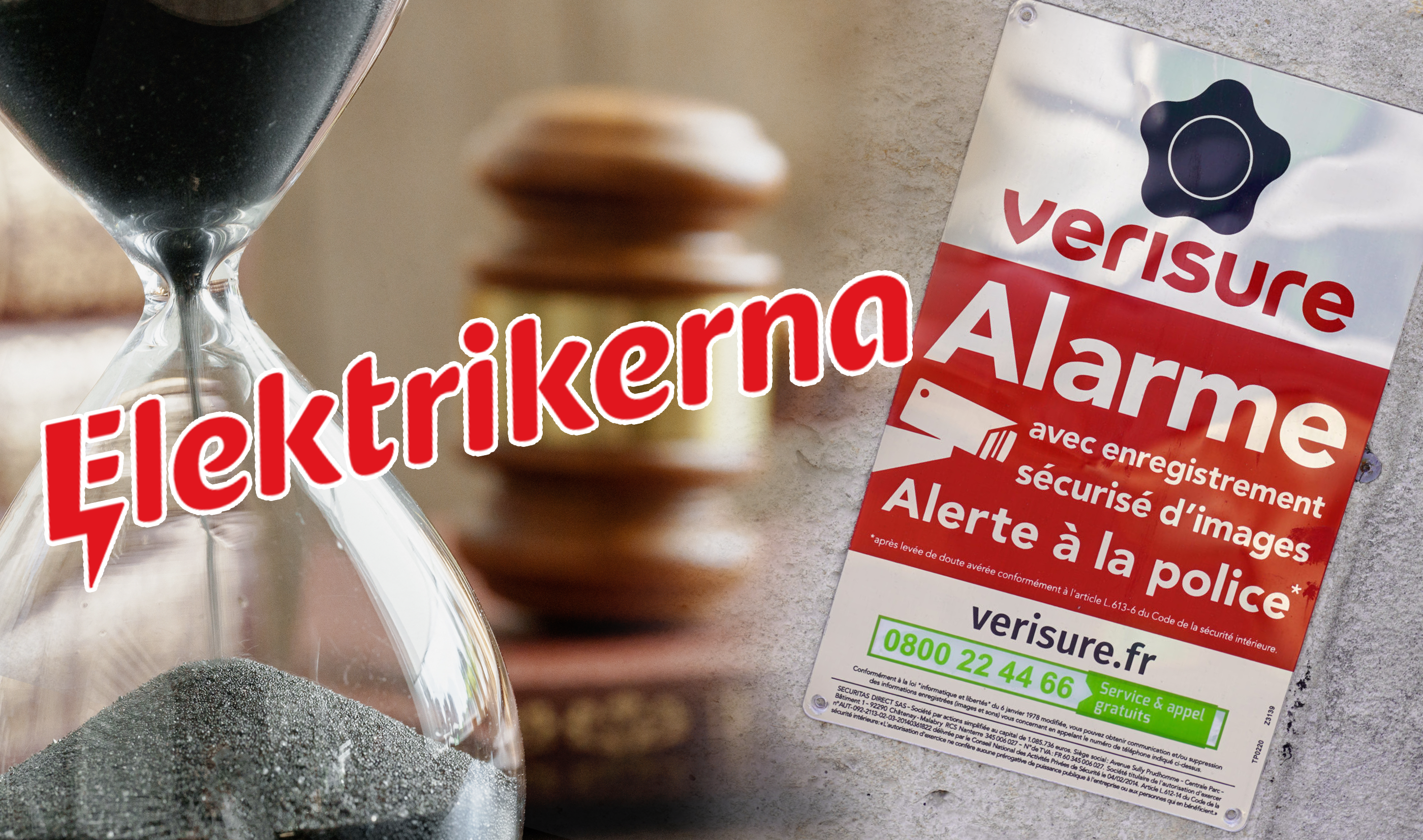 Verisures logga invid ett timglas och domarklubba, samt Elektrikerförbundets logga.