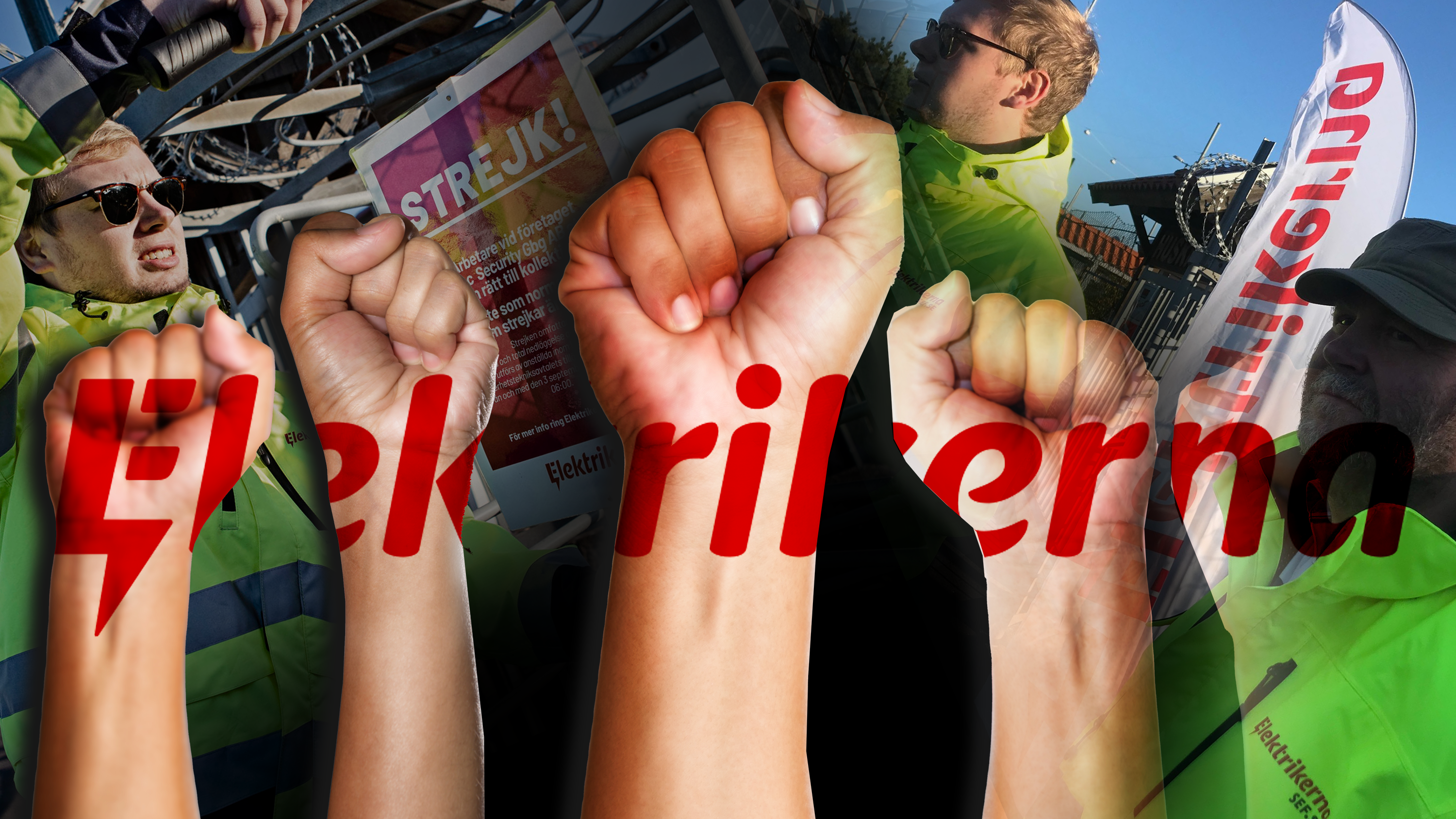 Bildkollage med foton från Elektrikernas strejter. I förgrunden är en samling höjda nävar som med Elektrikernas logga på.