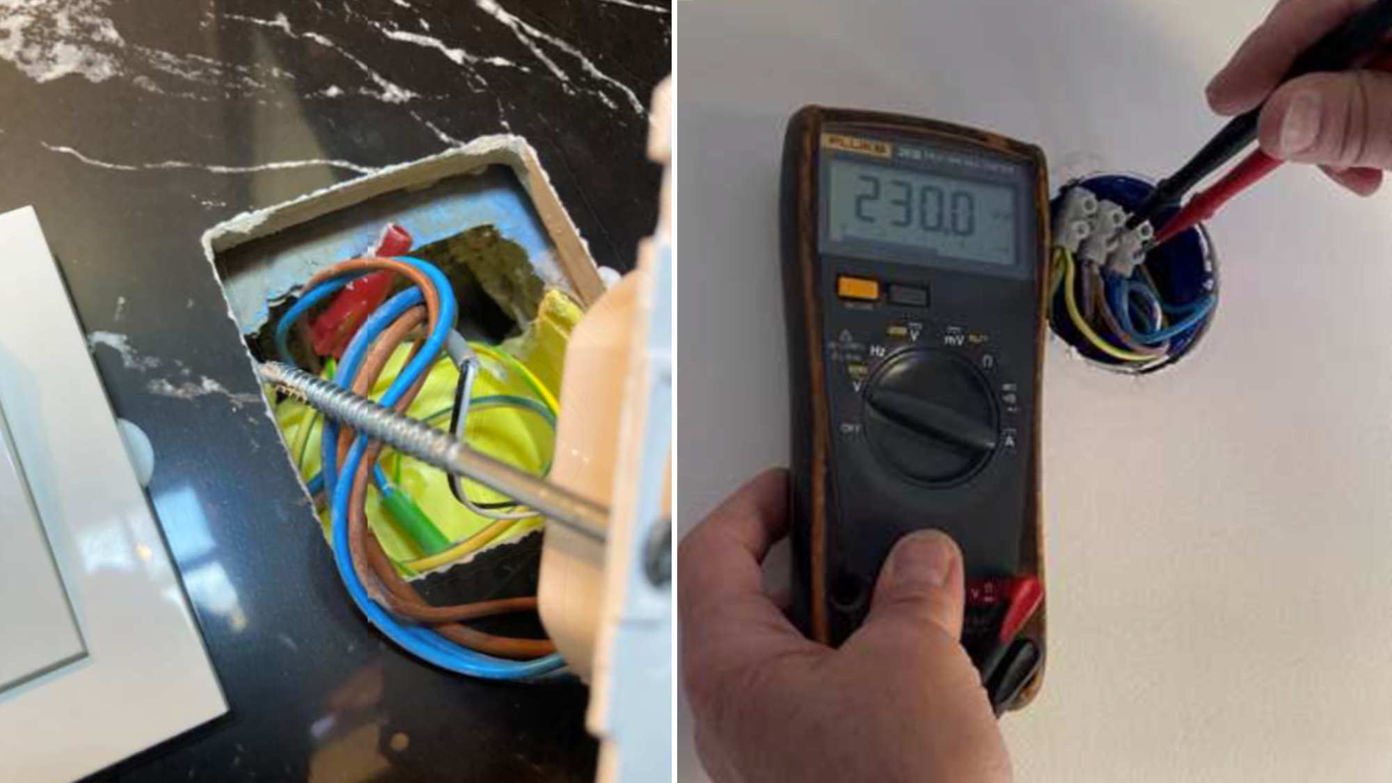 Ett hål i väggen med sladdar och en spänningsmätare.