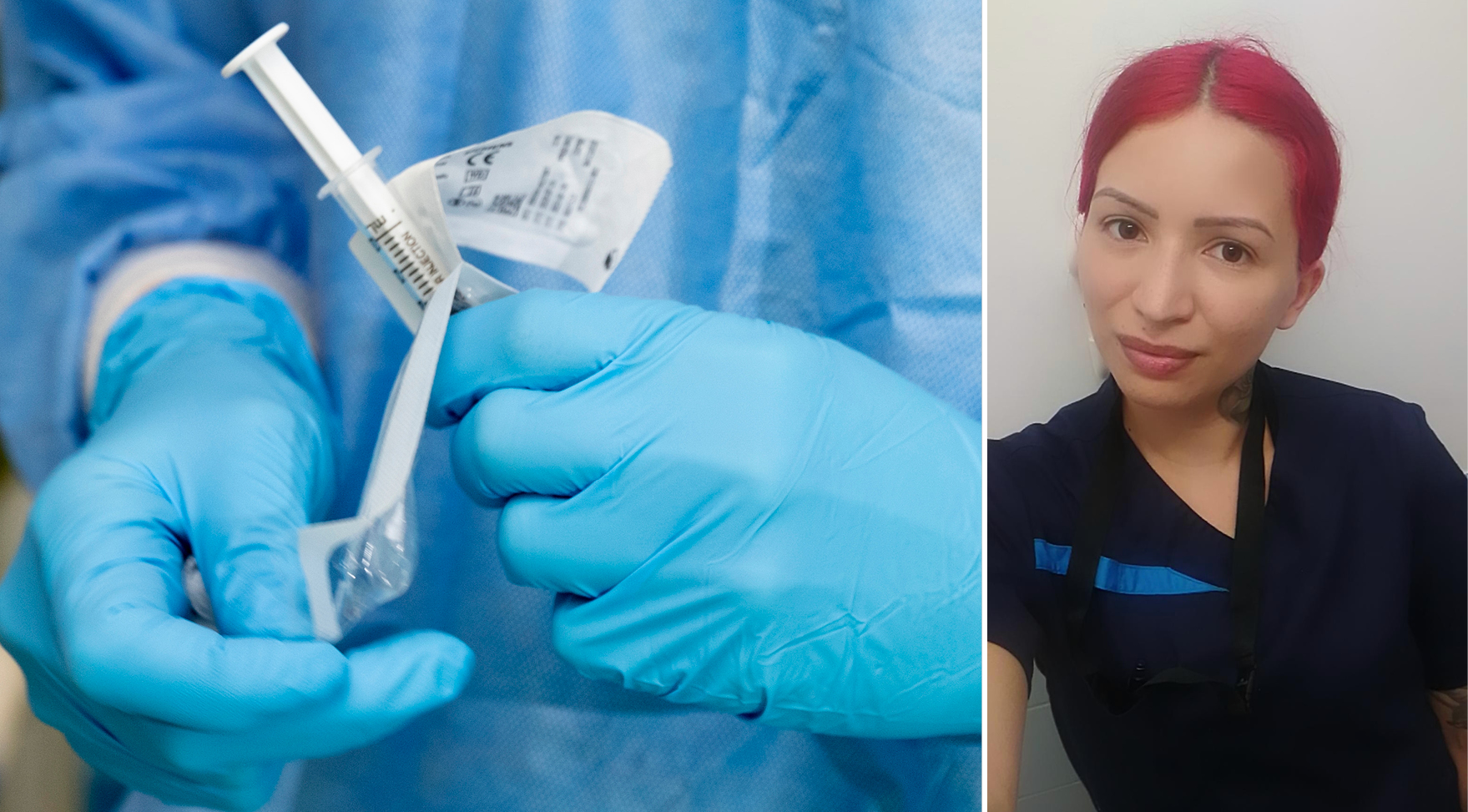 Montage: Till höger bild på hur ett par händer i blå vinylhandskar öppnar en spruta, till höger en selfie på en sjuksköterska med rött hår, iklädd arbetskläder.