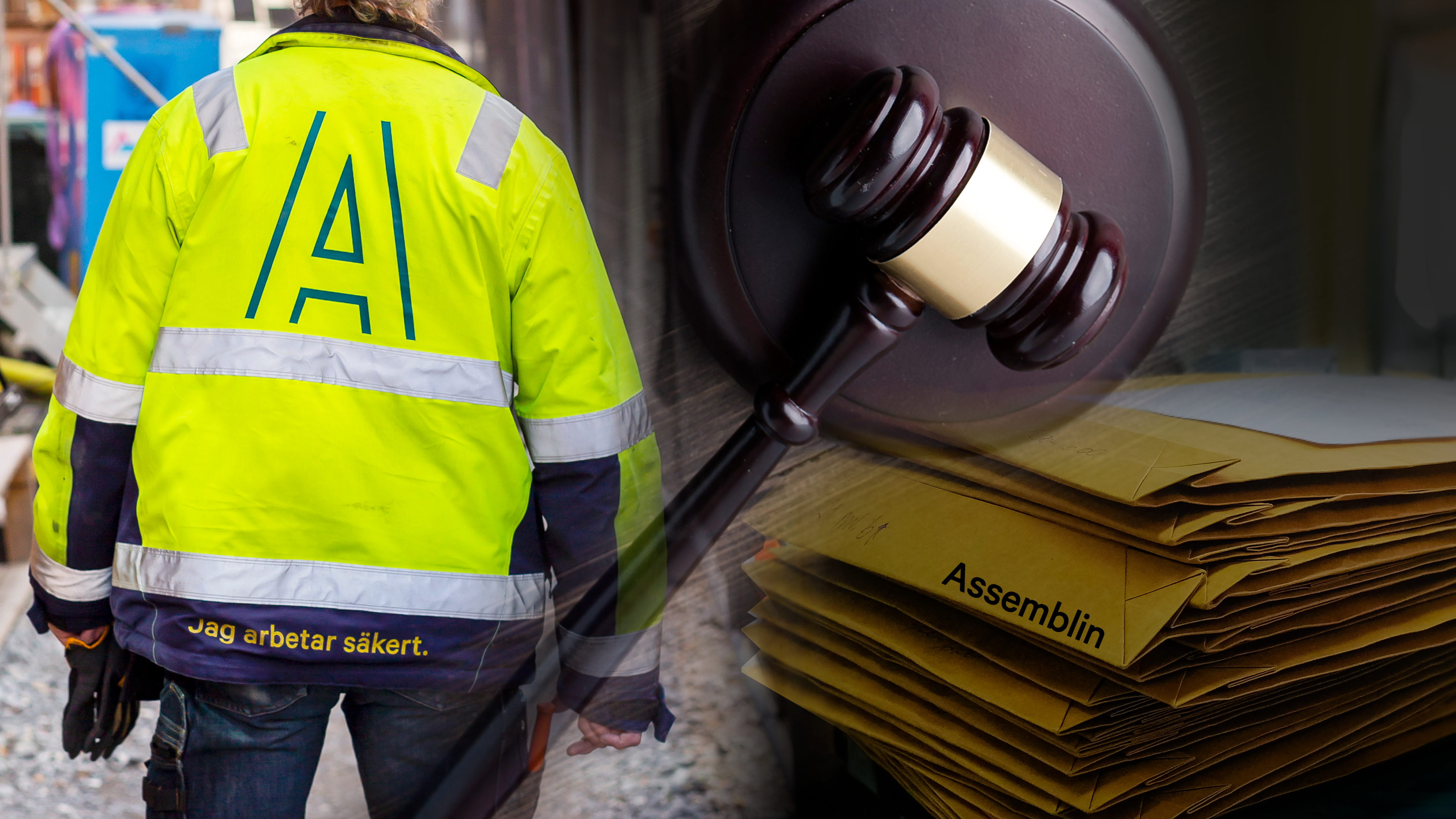 Ryggtavlan på en person med Assemblin-jacka, invid en bild på en domarklubba och en hög med kuvert.