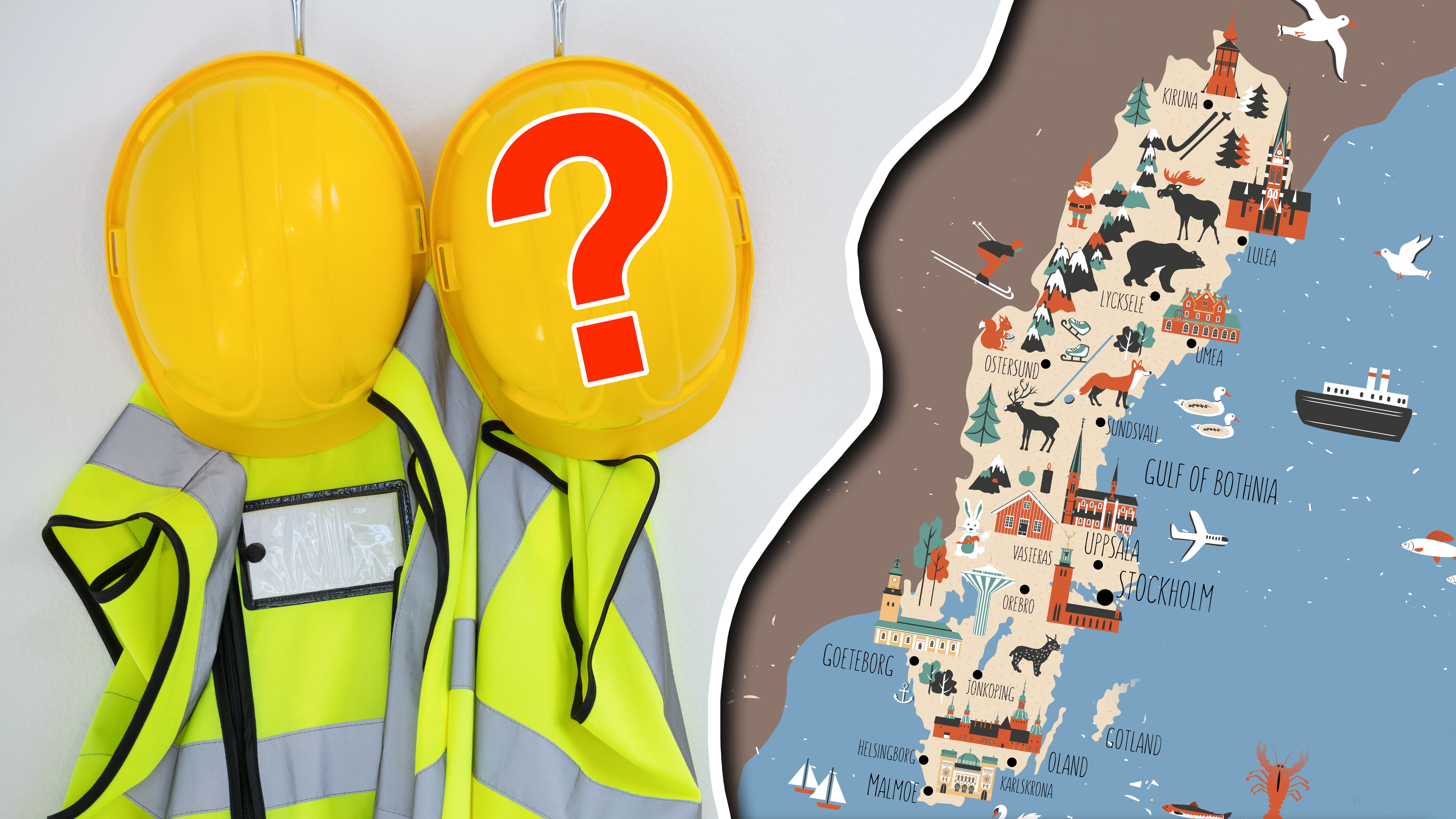 Två hjälmar och reflexvästar på en krok, monterad invid en tecknad Sverige-karta med roliga dekorationer.