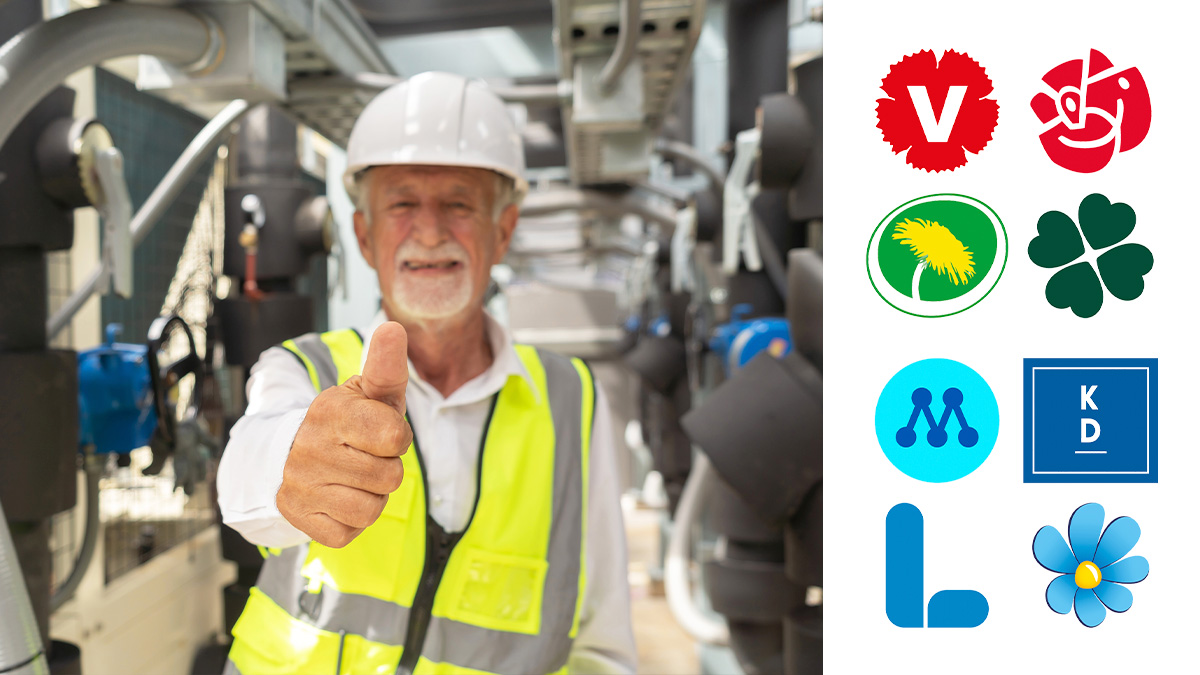 Gammal man i varselväst och skyddshjälp ger tummen upp.