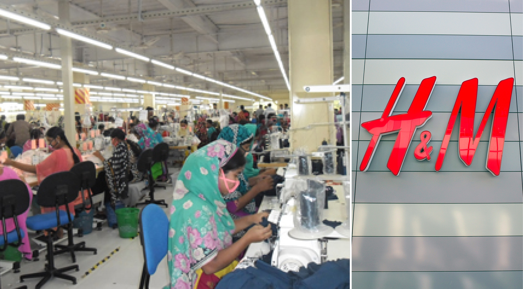 Montage: Till vänster interiör från en textilfabrik i Bangladesh, till höger H&M:s logotyp.