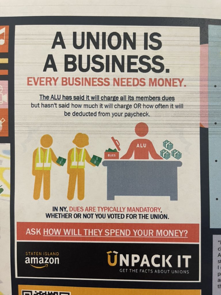Ett antifackligt flygblad på Amazon i New York säger att "facket är ett företag".
