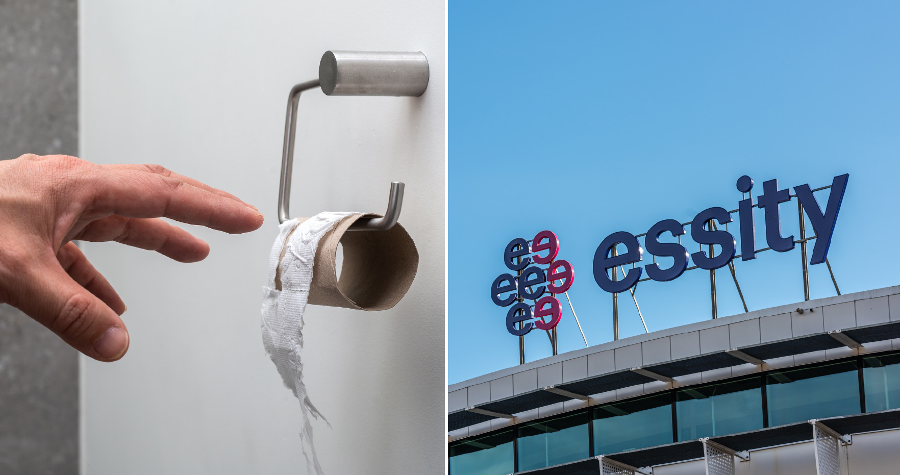 Montage: Till vänster en nästan tom toapappersrulle, till höger Essitys logotyp på ett tak.