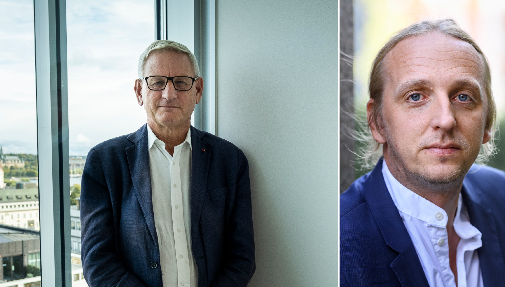 Carl Bildt framför fönster och Martin Schibbye i profil