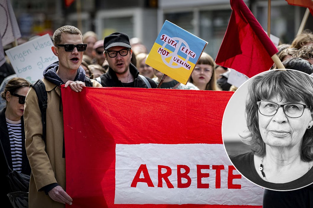 1 maj-demonstration och porträttbild på undersköterskan Lena Ericson Höijer som är sektionsordförande Kommunal Stockholm Mitt