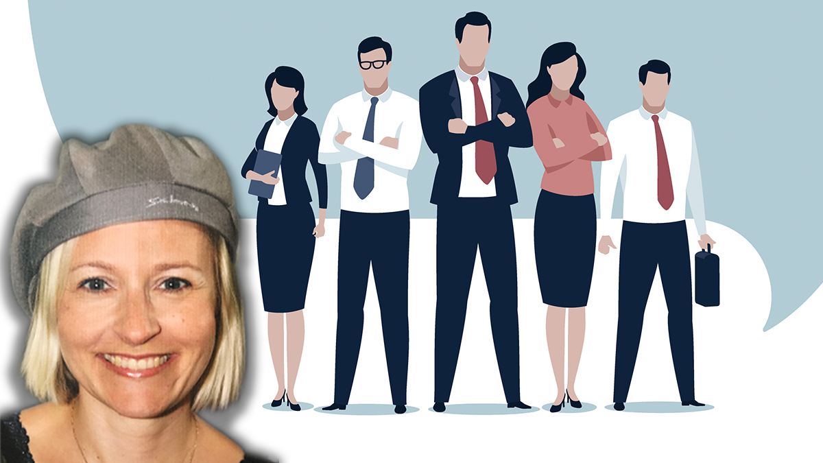 Ida-Therese Högfeldt infälld, bakom henne en illustration på fem män och kvinnor i skjorta och slips men utan ansikten.