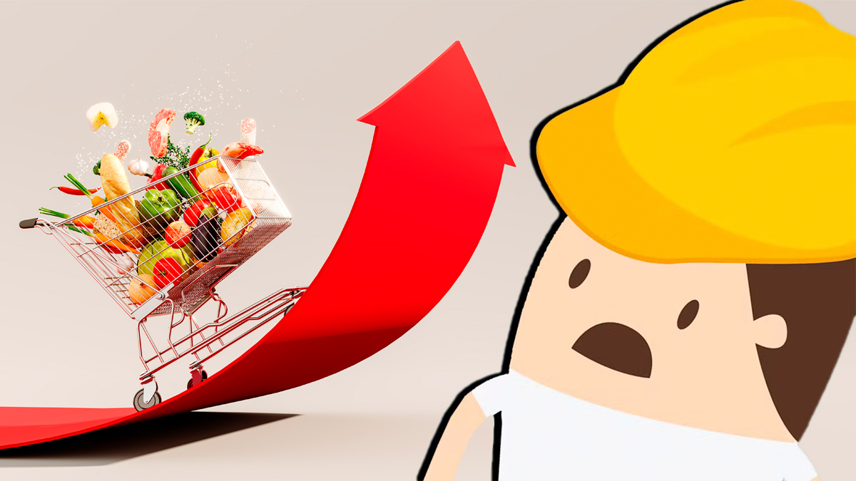 Tecknad gubbe som blir skrämd av en kundvagn som rullar vilt på en pil som pekar uppåt.