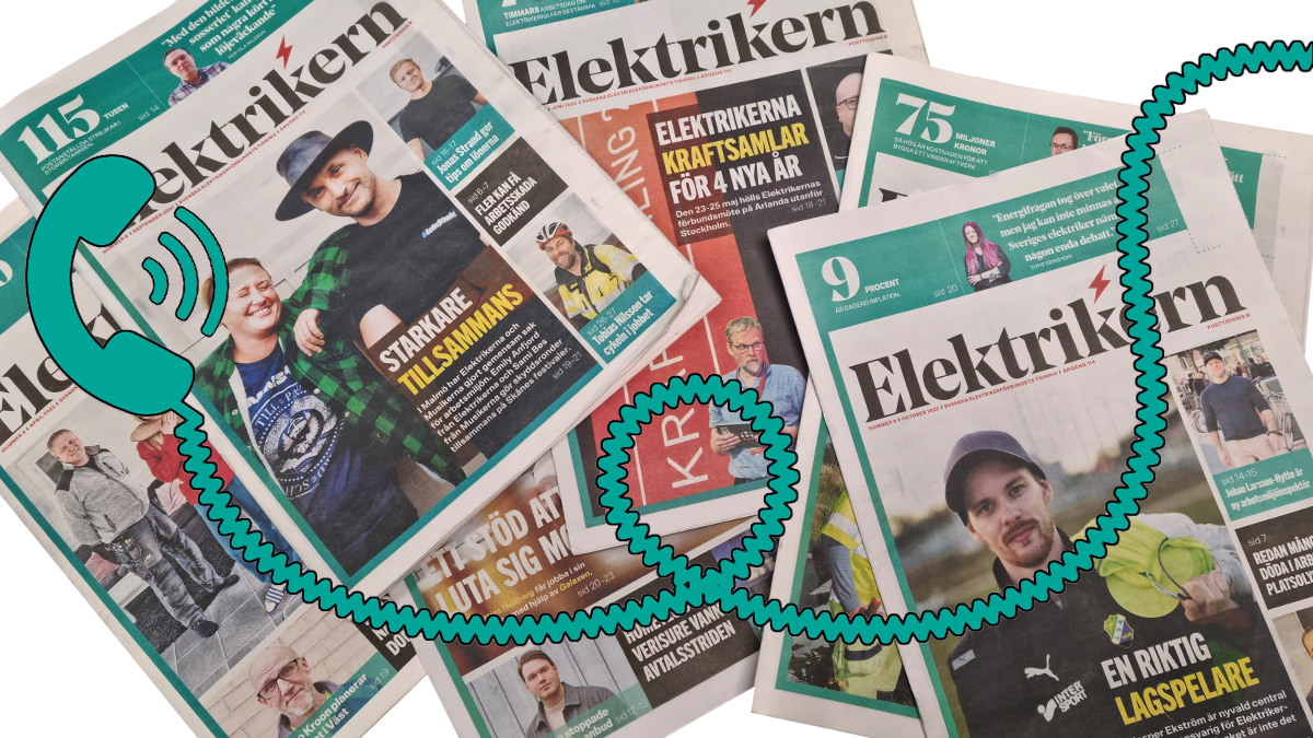 En tecknad telefon över ett foto av flera nummer av tidningen Elektrikern.