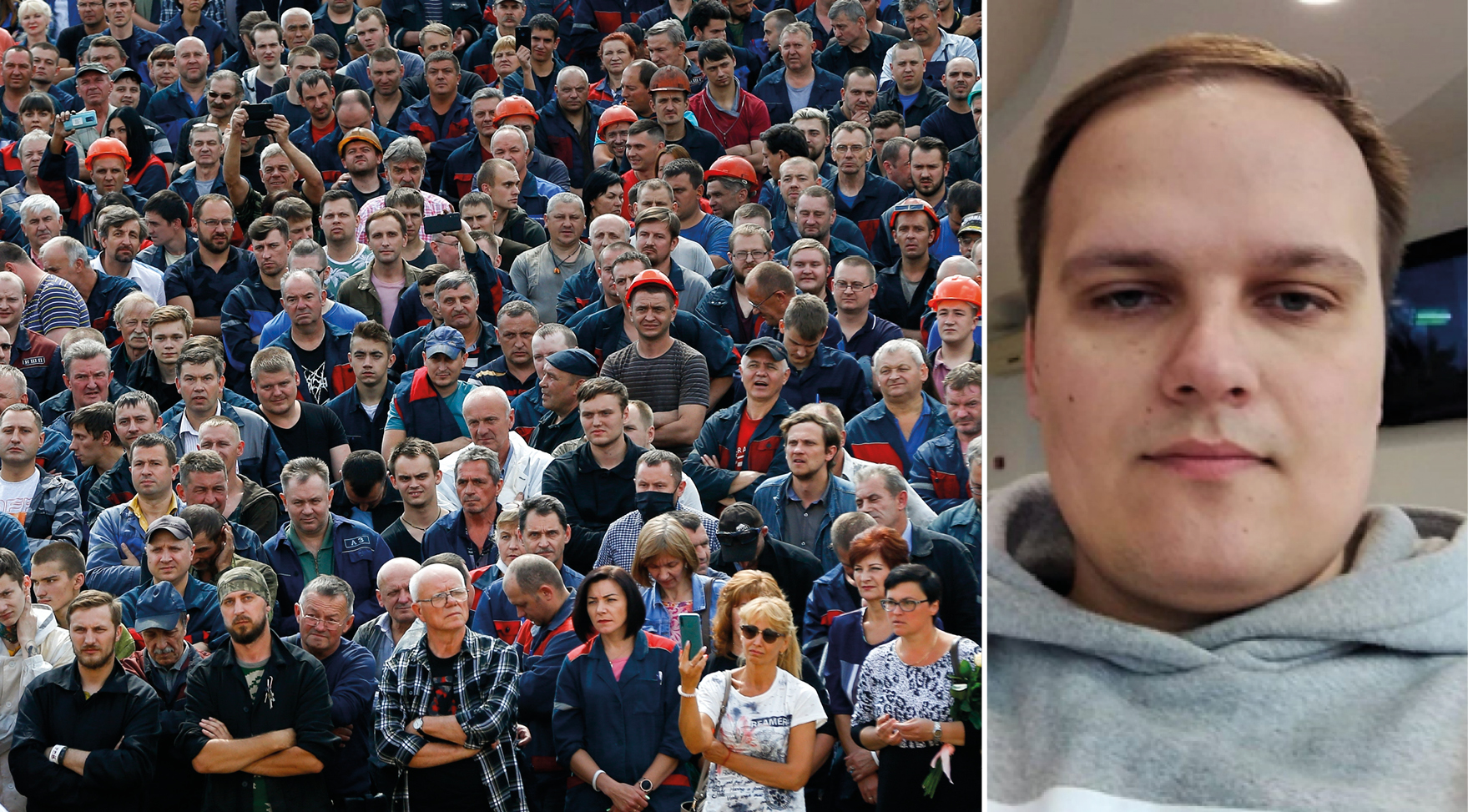 Montage. Till vänster metallarbetare i Belarus, till höger porträtt fackledaren Artem.