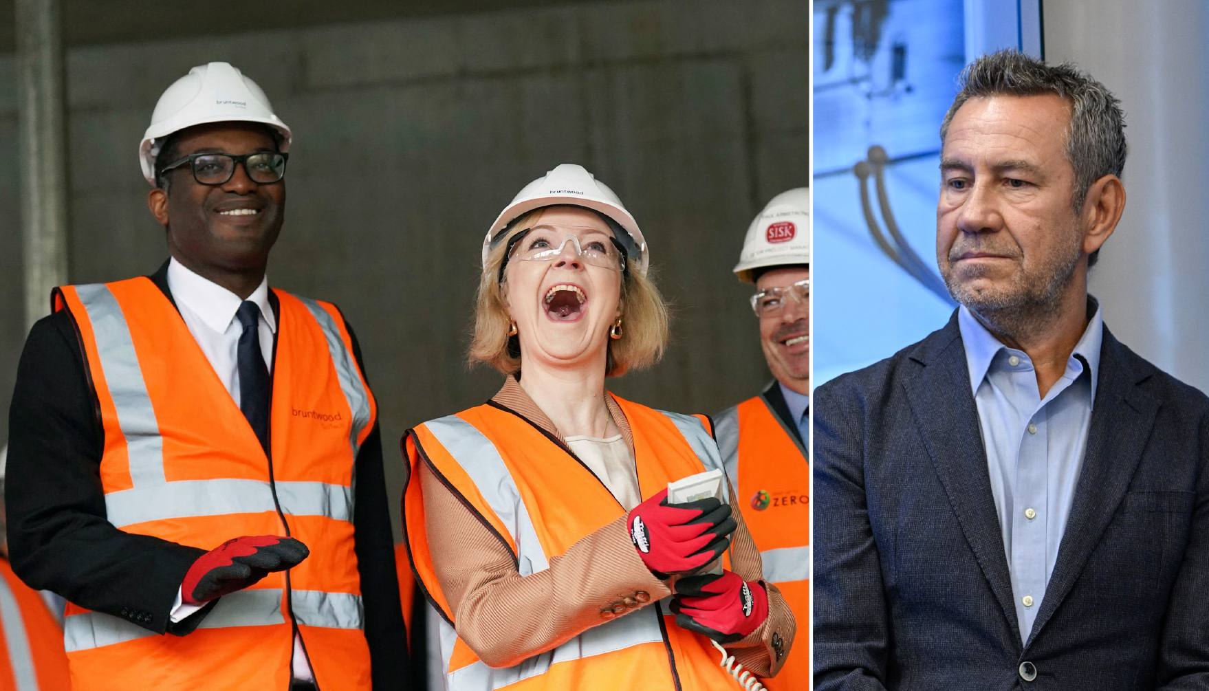 Kwasi Kwarteng och Liz Truss skrattar bredvid bild på Sandra Scocco.