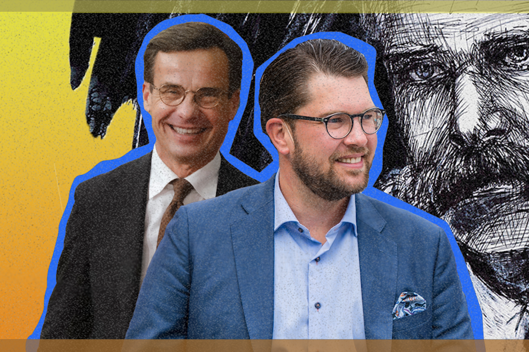Jimmie Åkesson tillsammans med Ulf Kristersson. Nietzsche i bakgrunden.