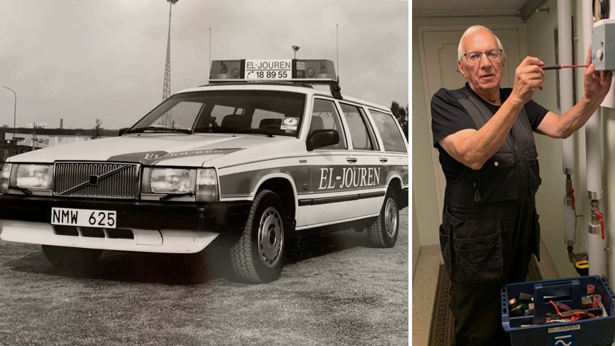 Delad bild. Till vänster ett svartvitt foto på Christer Ahréns gamla firmabil. Till höger Christer i nutid.