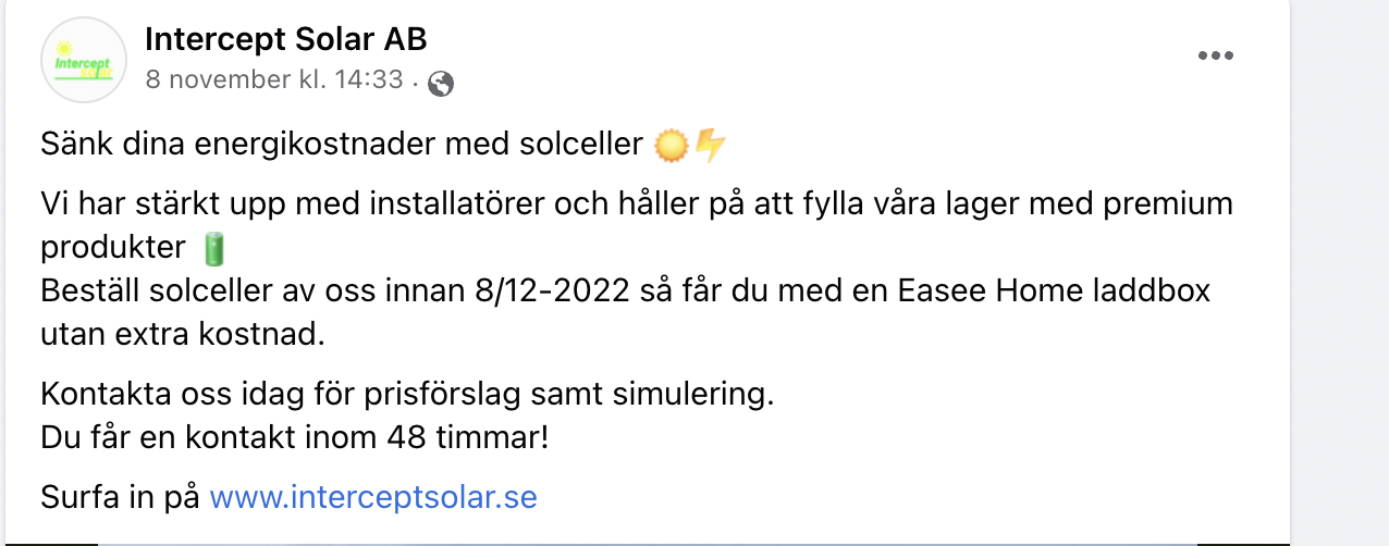 Inlägg från FB av företaget, om företaget.