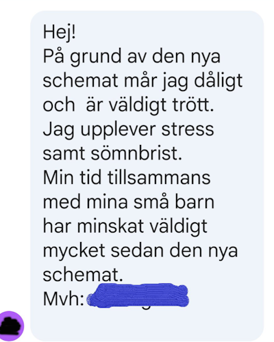 Sms där en städare skriver att hen upplever sömnbrist och stress.
